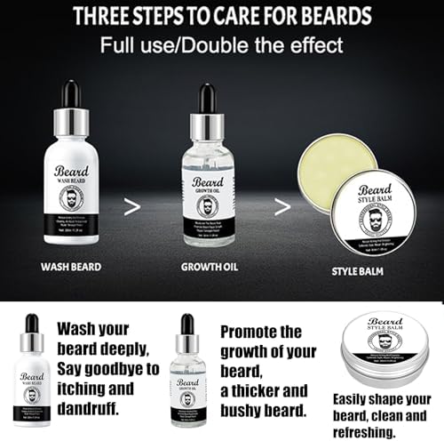 Beard Grooming Kit for Men - Complete 3-Piece Set with Shampoo, Growth Oil & Balm