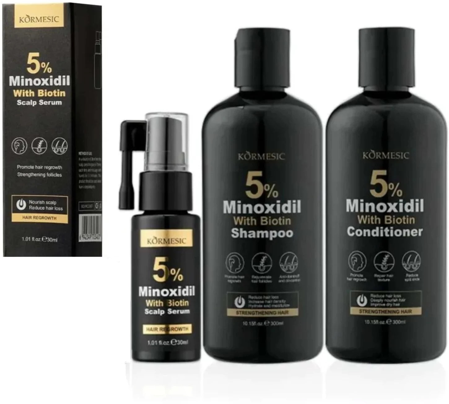 Minoxidil 5% Hair Growth System with Biotin - Complete 3-Piece Treatment Set