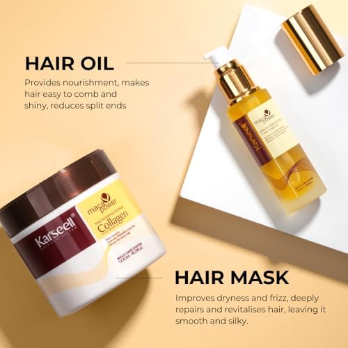 Karseell Collagen Maca Essence Repair Set - Hair Mask 500ml & Maca Oil 50ml for Dry Damaged Hair