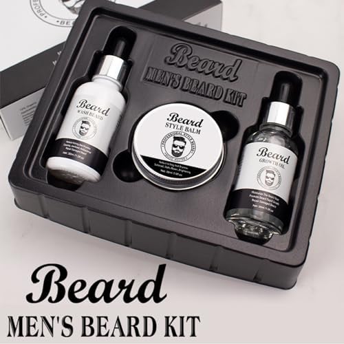 Beard Grooming Kit for Men - Complete 3-Piece Set with Shampoo, Growth Oil & Balm