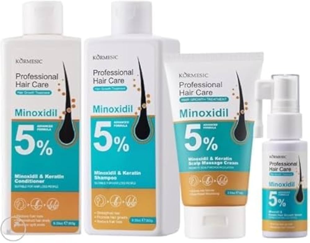 Kormesic Professional Hair Care Set with 5% Minoxidil and Keratin, Hair Growth Treatment Shampoo, Conditioner, Scalp Massage Cream